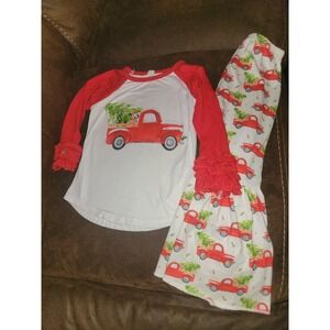 Boutique holiday winter Christmas red truck tree dalmatian size 2t flare leg